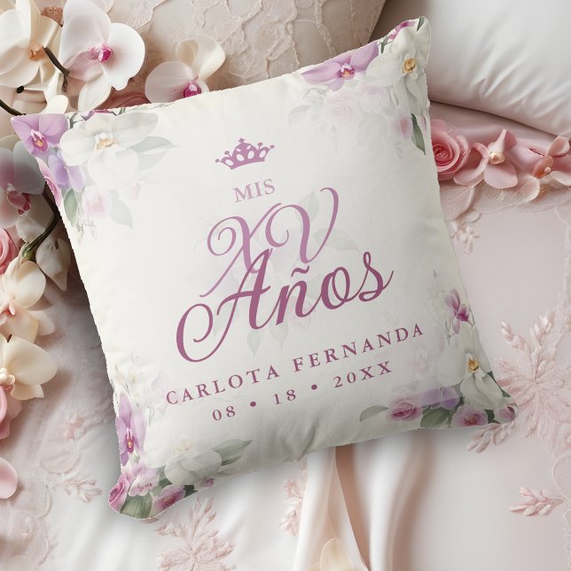 Coussin Exquise Mis XV Años Espagnol Floral Orchid Positio (Romantic Exquisite Mis XV Años Spanish Floral Orchids Bouquets in Pink shades Throw Pillow. )