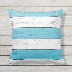 Coussin extérieur à rayures turquoise et blanche