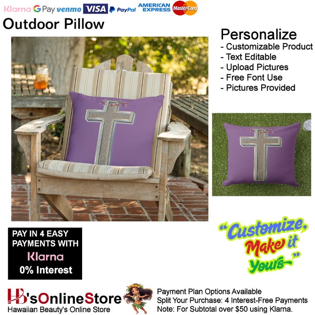 Coussin extérieur avec Arrière - plan violet (Cross Outdoor Throw Pillow with Purple Background.)