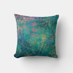Coussin Extraits floraux d'or sur Turquoise rose