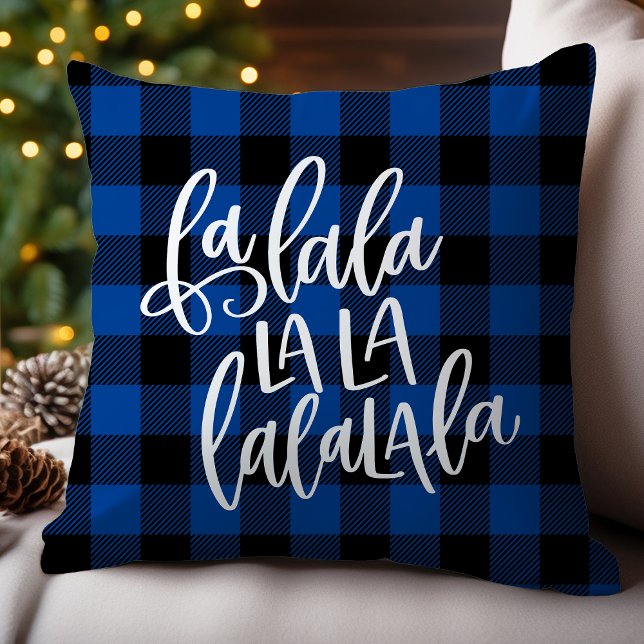 Coussin Fa La La La La Noël Plaid Buffalo Bleu (Créateur téléchargé)