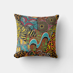 Coussin Fabric africain : Patchwork d'animaux sauvages.