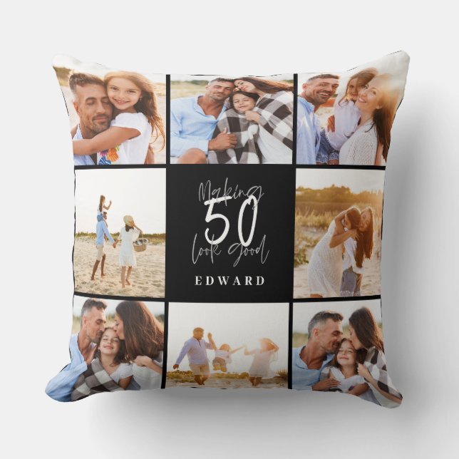 Coussin Faire 50 look beau blanc noir photo anniversaire  (Recto)