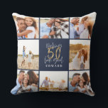 Coussin Faire 50 look beau bleu or photo anniversaire<br><div class="desc">Célébrez votre 60e anniversaire dans le style avec cet effet bleu et or 60e anniversaire design. Un design moderne avec texte de script et graphismes en gras. Modifiez la couleur pour la customiser. Partie d'une collection.</div>