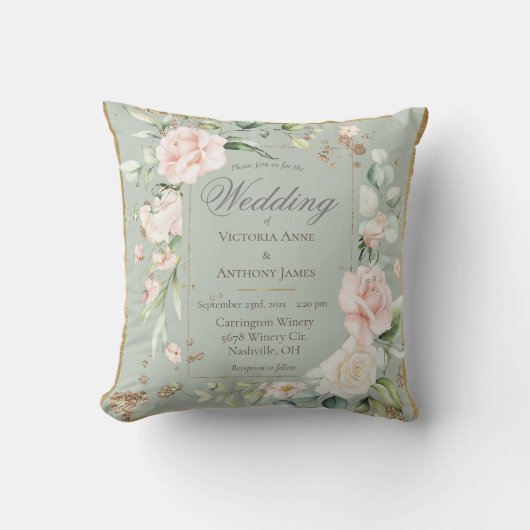 Coussin Faire-part de mariage floral romantique rose Sage (Recto)
