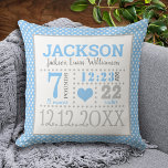 Coussin Faire-part de naissance bébé garçon<br><div class="desc">Adorablement mignon pois bleu et blanc pois bébé coussin garçon avec un doux petit coeur bleu bébé. Modifiez pour inclure tous vos précieux détails de naissance de joie.</div>