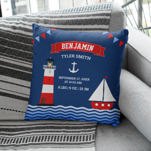 Coussin Faire-part de naissance de bébé garçon phare voili