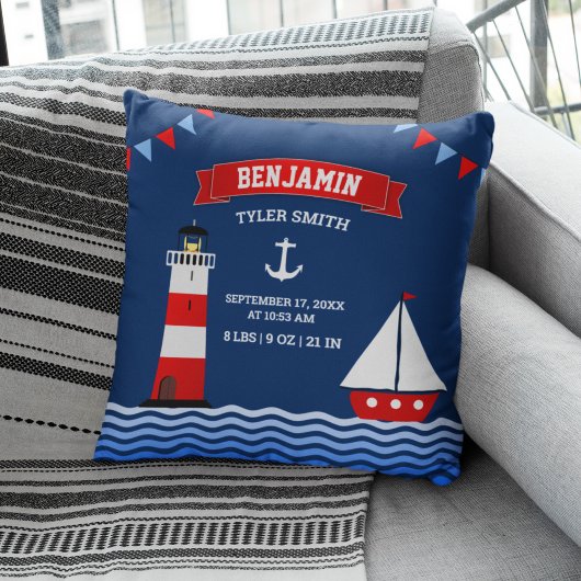 Coussin Faire-part de naissance de bébé garçon phare voili