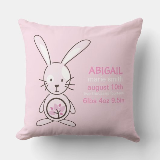 Coussin Faire-part de naissance rose de lapin (Recto)