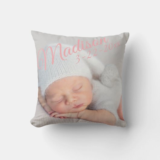 Coussin Faire-part de naissance rose statistiques de naiss (Recto)