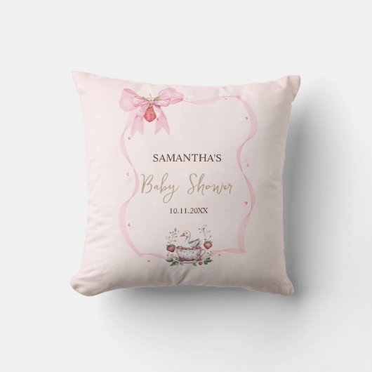 Coussin Fairepart bébé points cadre ruban fraise oie (Recto)