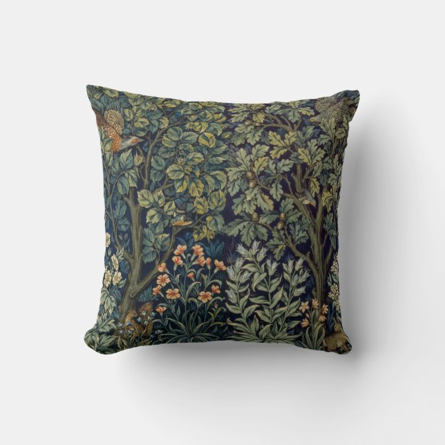 Coussin Faisan d'arbre boisé William Morris (Recto)