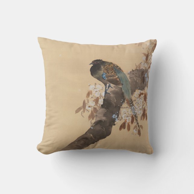 Coussin Faisan sur branche de fleurs de cerisier par Ohara (Recto)