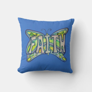 Coussin Faith Mot Art Bleu Papillon Accent Jeu d'oreillers