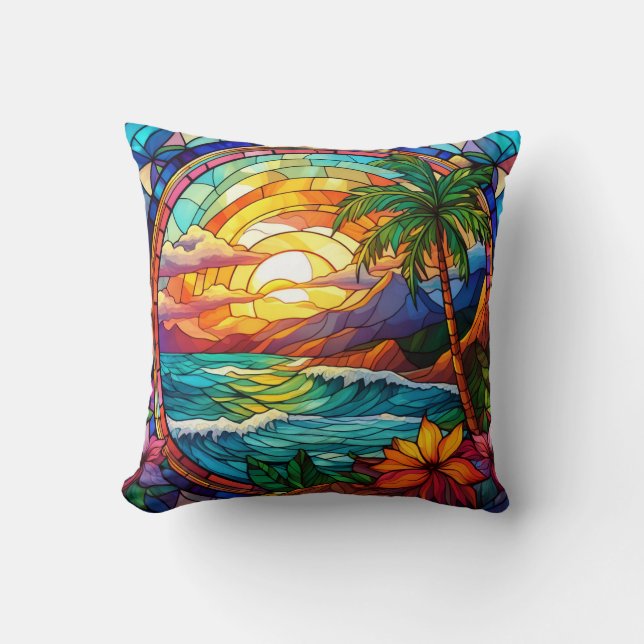 Coussin falaises de plage tropicale vitrail (Recto)