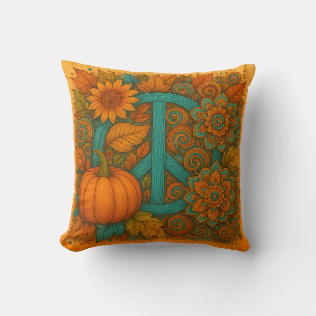 Coussin Fall Peace Sign Pumpkins Turquoise & Orange Pillow (Recto)