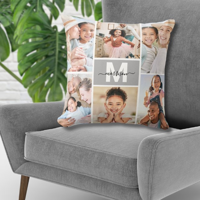 Coussin Famille Collage Monogramme Multiphoto Personnalisé (Custom Monogram Multi Photo Collage Family Throw Pillow)