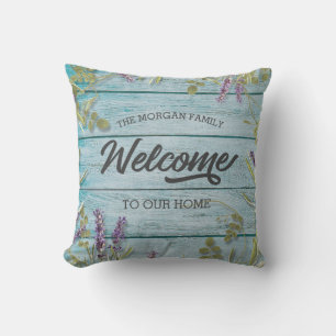 Coussin famille d'accueil fleurie turquoise rustique
