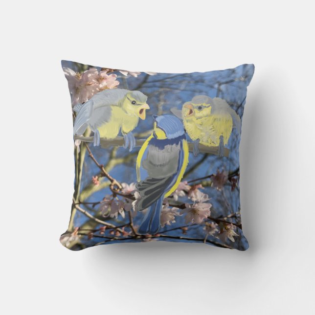 Coussin Famille de poulet bleu et jaune (Recto)