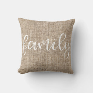 Coussin Famille de toile de jute marron rustique de ferme