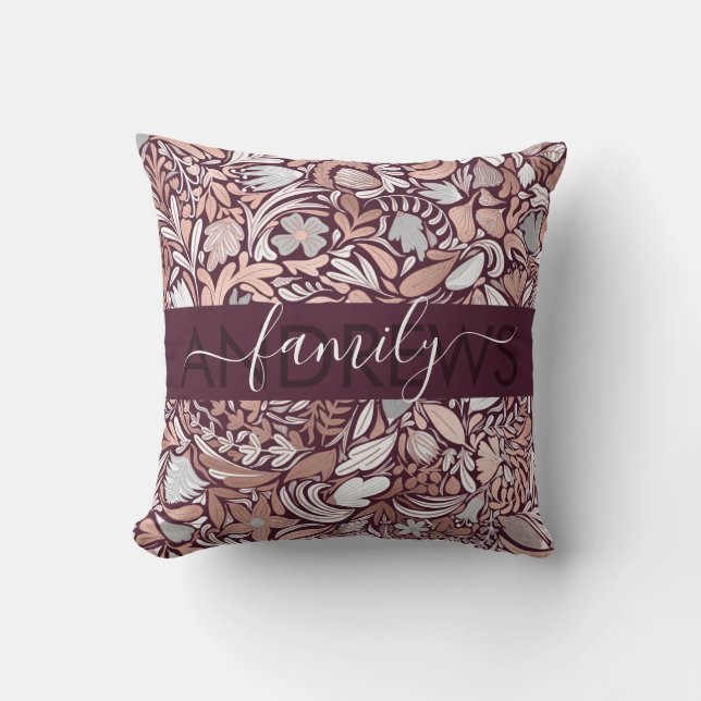 Coussin Famille d'illustrations florales de Bourgogne rose (Recto)