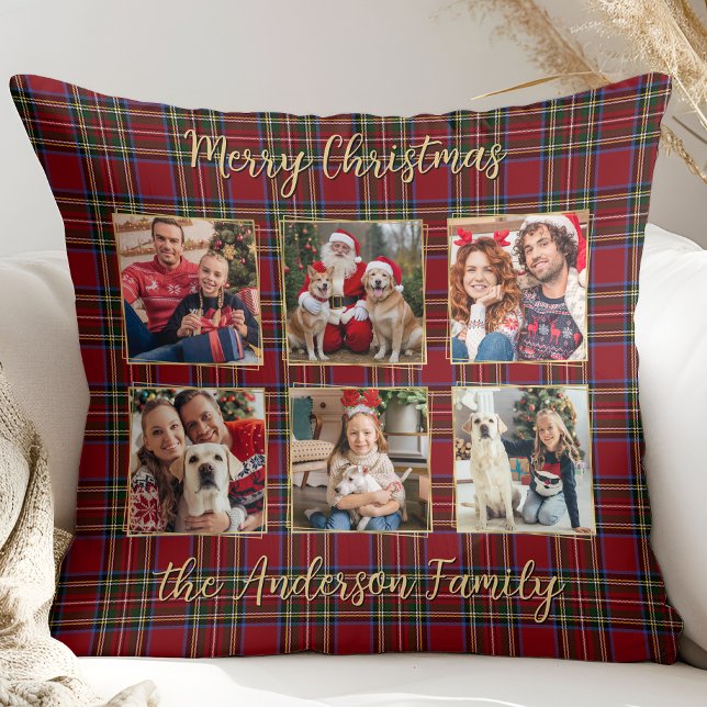 Coussin Famille Noël Plaid Gold Custom 6 Photo Collage (Créateur téléchargé)