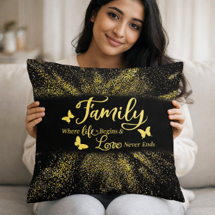 Coussin Famille où la vie commence Or Paillettes Noir