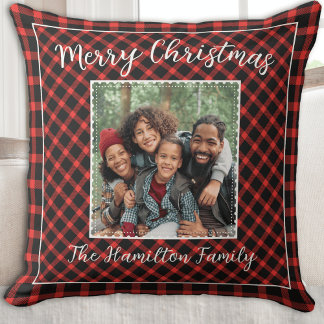 Coussin Famille Photo Holiday Red Buffalo Plaid