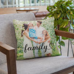 Coussin Family Love Black Script Photo personnalisée<br><div class="desc">L'oreiller à projecteur personnalisé moderne et élégant dispose d'une photo(s) préférée(s) avec un design minimaliste de typographie "familiale" qui inclut des détails élégants de fidélité et de coeur. La couleur du texte noir peut être modifiée. 2 photo design avant / arrière vous permet d'inclure une photo à l'avant et à...</div>