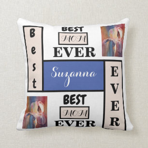 Coussin Fancy Best Mom Ever Beige and Blue Watercolor Iris