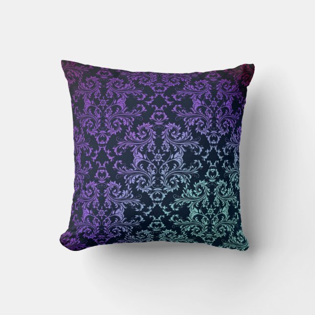 Coussin FAncy Damassé Bleu sarcelle Violet Noir (Recto)