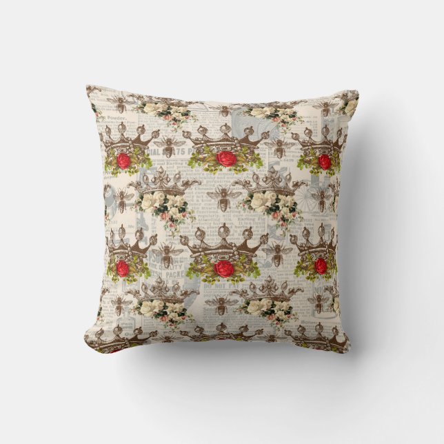 Coussin Fancy Vintage Bees & Couronnes (Recto)