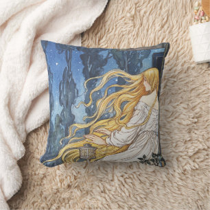 Coussin Fantaisie Conte de Fées Vintage Rapunzel Art Nouve
