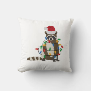 Coussin Fantaisie Noël Raccoon Santa Hat Noël Lumières