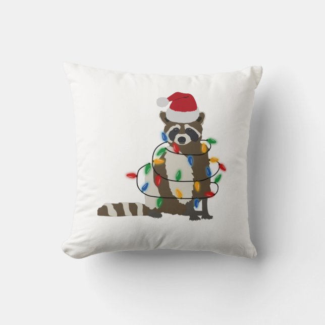 Coussin Fantaisie Noël Raccoon Santa Hat Noël Lumières (Recto)