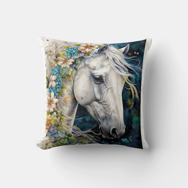 Coussin Fantasy White Horse decorated with flowers   (Recto)