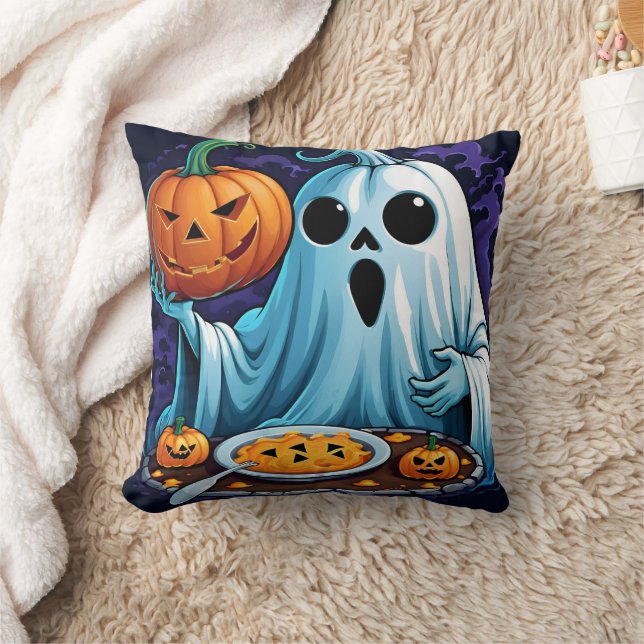 Coussin Fantôme célébrant Halloween avec des citrouilles (Couverture)
