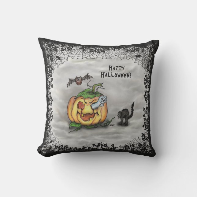 Coussin Fantôme, Chat, Chat et Citrouille, Bonne Halloween (Recto)