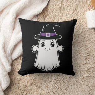 Coussin Fantôme de dessin animé souriant avec un chapeau d