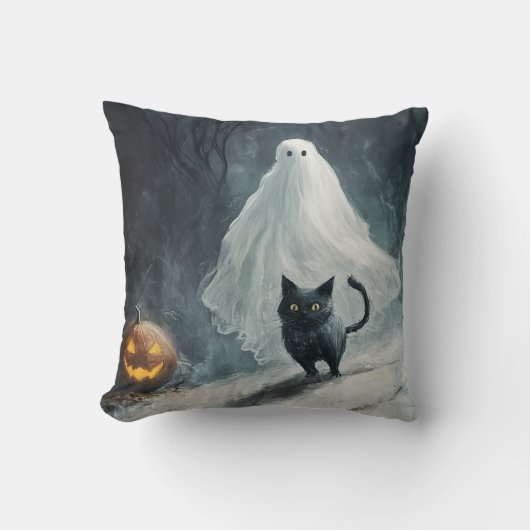 Coussin Fantôme d'Halloween et chat noir (Recto)