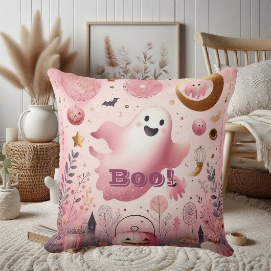 Coussin Fantôme rose Boo Friendly Halloween Citrouille