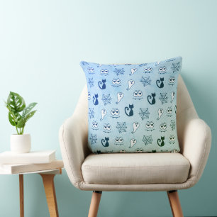 Coussin Fantôme, toiles d'araignées et chats noirs bleu
