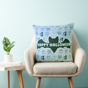 Coussin Fantôme, toiles d'araignées et chats noirs bleu