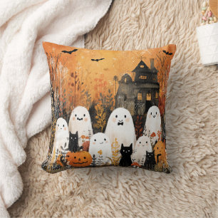 Coussin fantômes d'Halloween, chats noirs et chauves-souri