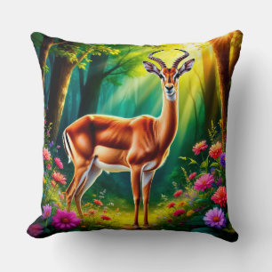 Coussin Faon de dessin animé adorable parmi des fleurs vib