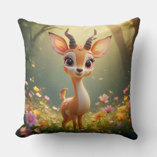 Coussin Faon de dessin animé adorable parmi des fleurs vib