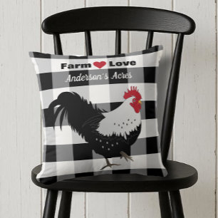 Coussin Farm Love Custom Rooster Black White Check