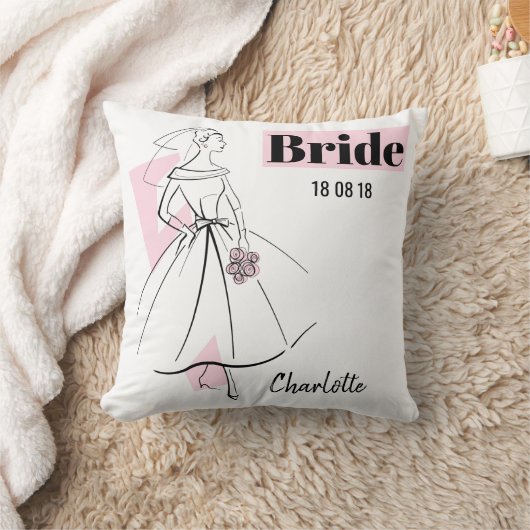 Coussin Fashion Bride Pink Bride Date Nom rose retour (Couverture)