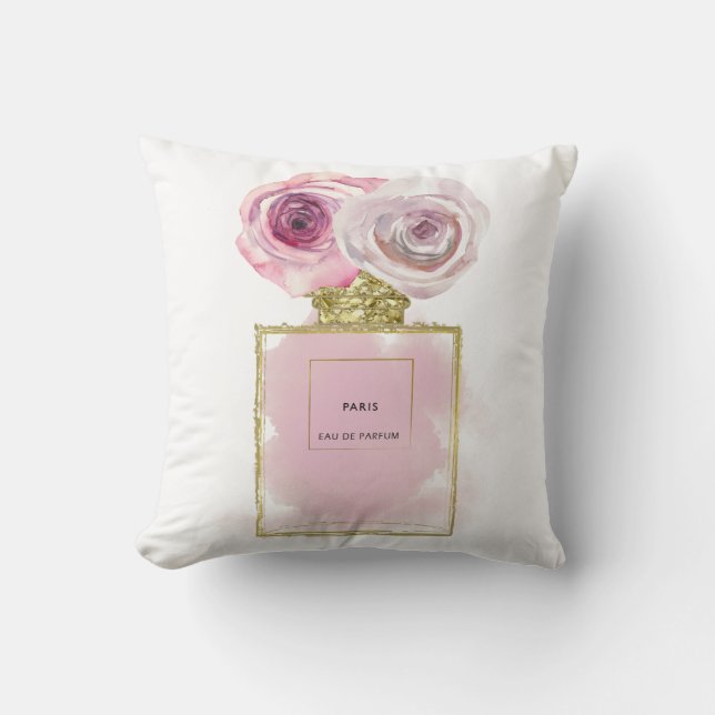Coussin Fashion Florale Bouteille de parfum Roses roses ro (Recto)
