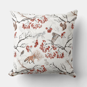 Coussin Faune de la forêt hivernale Renard Écureuil Baies 
